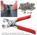 Tich button snap fastener press kit with red-handled stainless steel pliers and metal snap buttons