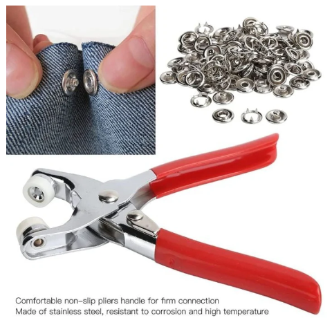 Tich button snap fastener press kit with red-handled stainless steel pliers and metal snap buttons